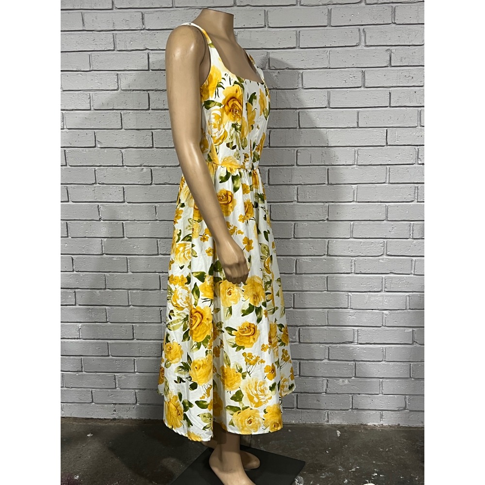 Jason Wu Women White Yellow Rose Floral Square Neck Midi Dress | Size 12 - Picture 5 of 7
